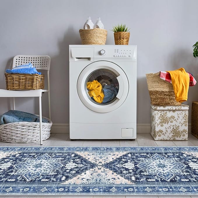 Yamaziot Washable Runner Rug, 2x6 Non-Slip Boho Vintage Hallway Rug Runner with Rubber Backing, Stain Resistant & Low Pile Faux Wool Distressed Carpet Runner for Kitchen, Laundry, Entrance, Blue