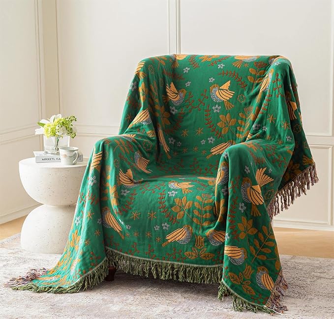 MSGKV Boho Throw Blanket 100% Cotton Green Blanket 90''x 98'' Spring Reversible Blankets with Tassels Warm Soft Blanket for Bed Sofa Living Room