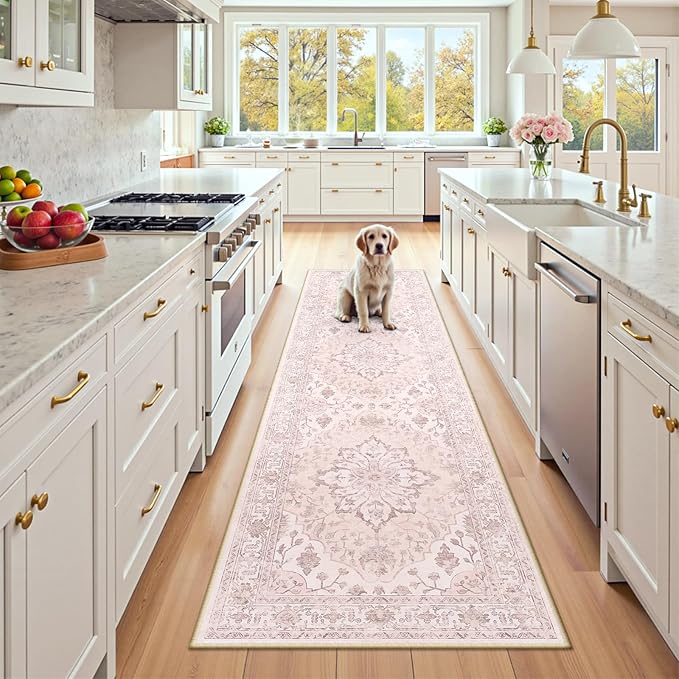 RELEANY Area Rugs 2'x8' Runner Rug Non Slip Washable for Kitchen Hallway Bedroom Beside Laundry Room Bathroom Rug, Floor Carpet, Pink Greypink Cute