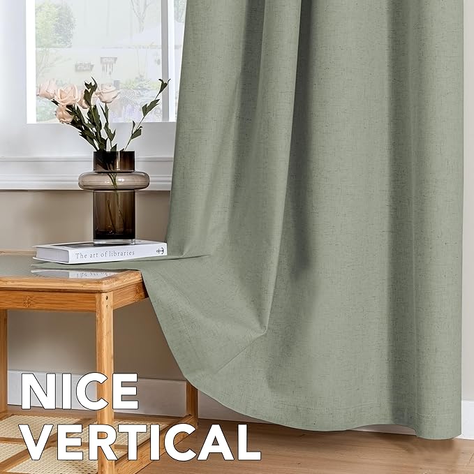 H.VERSAILTEX Linen Curtains 100% Blackout Curtains for Bedroom 96 inch Long Full Light Blocking Nature Linen Blended Window Curtains for Living Room Nickel Grommet (2 Panels, Heathered Dried Sage)