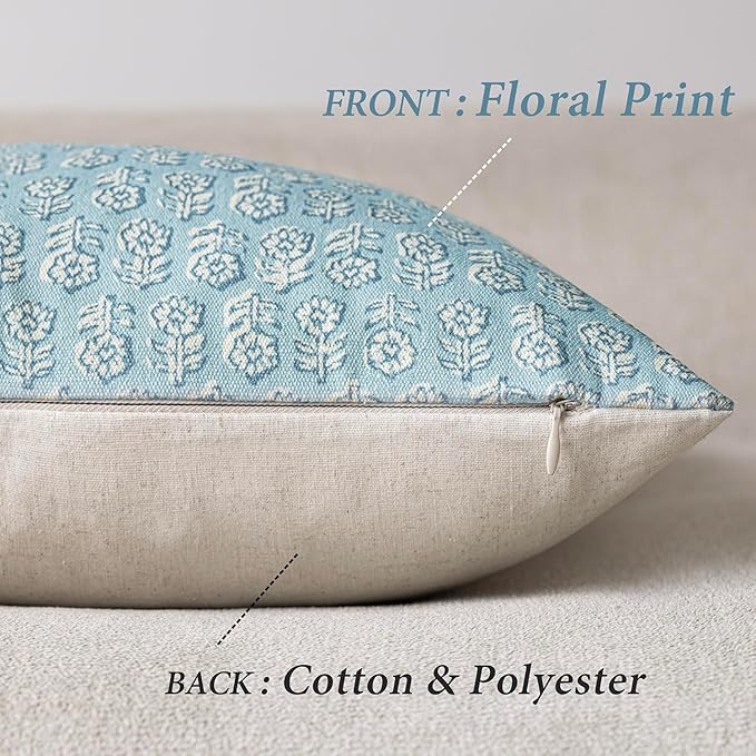 Foindtower Set of 2 Decorative Vintage Floral Print Throw Pillow Covers Neutral Accent Farmhouse Cushion Covers Boho Home Decor for Sofa Couch Chair Bedroom Living Room Outdoor,22×22 Inch,Sky Blue