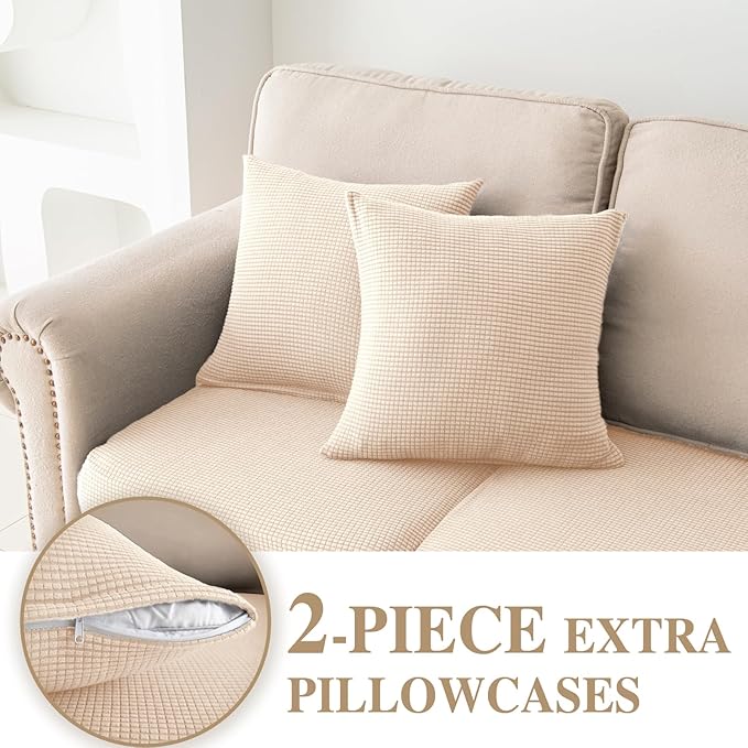 Couch Cushion Covers for Sectional Sofa L Shape Washable Separate Seat Chaise Couch Cover Stretch Sofa Slipcovers with 2 Pcs Pillowcases(3 Seater + 1 Chaise, Natural)