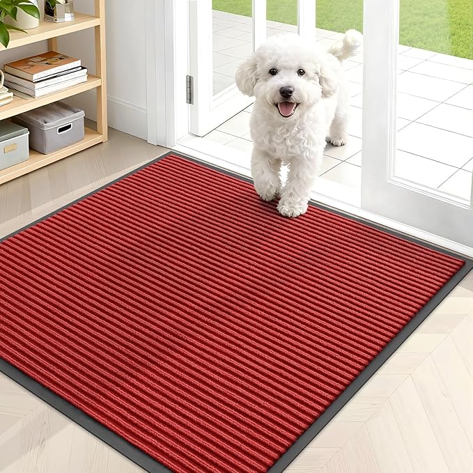 OLANLY Front Door Mat Indoor Outdoor Entrance, Waterproof Heavy Duty Doormat, Fade Resistant, Low Profile, Easy Clean Patio Porch Welcome Floor Mats for Entry, 35x30, Red