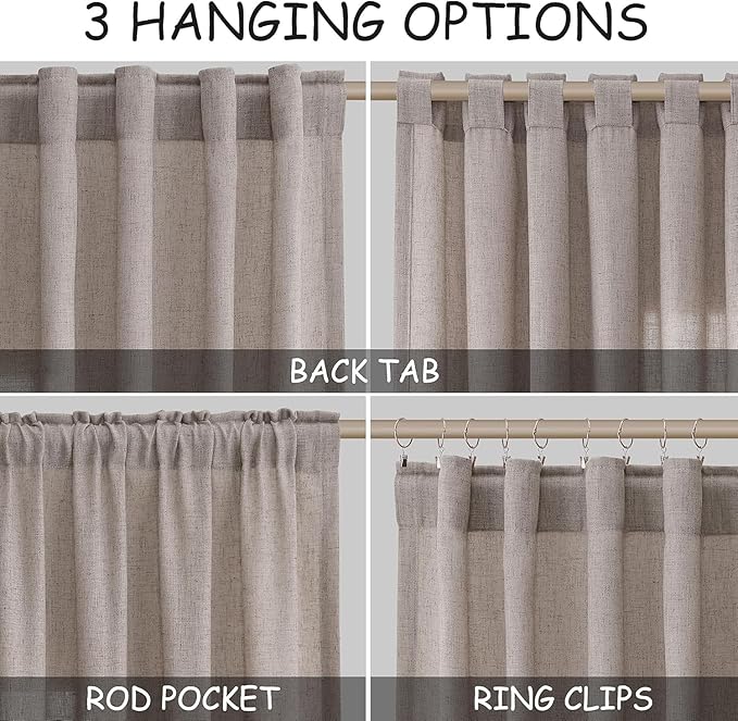 Nanspring Brownish Grey Linen Curtains for Living Room 100 Inches Long Back Tab Light Filtering Semi Sheer Curtain Modern Farmhouse Decor for Bedroom Office Luxury Textured Drapes 52x100, 2 Panels