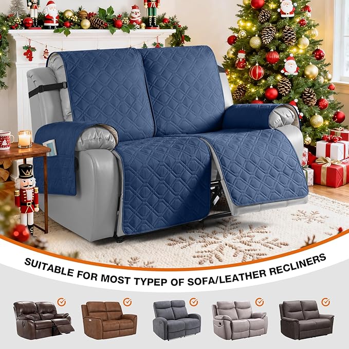 VANSOFY Waterproof Recliner Couch Covers, Sofa Covers 1-Piece Washable Reclining Sofa Cover Non-Slip Furniture Protector with Elastic Straps Pocket for Dogs, Pets(Ocean Blue,2 Seater)