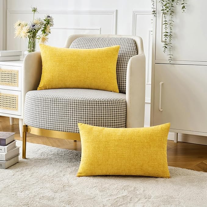 MIULEE Pack of 2 Couch Throw Pillow Covers 12x20 Inch Soft Yellow Chenille Lumbar Pillow Covers for Sofa Living Room Spring Home Decor Couch Solid Dyed Cases