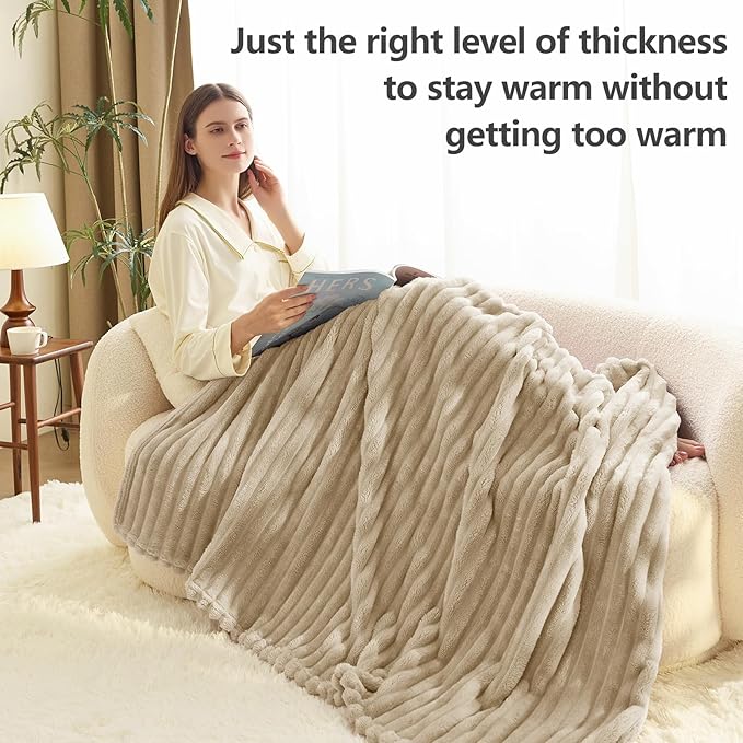 HIMEET Linen Ribbed Throw Blanket for Couch - 300GSM Lightweight Soft Fleece Blanket for Women, Cozy Blankets for Mothers Gifts, Striped Spring Home Room Decor, Linen, 50x60 Inches