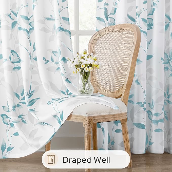 HOMEIDEAS Non-See-Through Teal and White Privacy Sheer Curtains 52 X 63 Inch Length 2 Panels, Leaf Floral Printed Light Filtering Semi Sheer Window Curtains Drapes for Bedroom Living Room