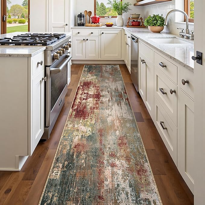 Washable Area Rugs 2'x8' Non-Slip Modern Abstract Soft for Living Room Entryway Bedroom Nursery, Print Pattern, Brown Rust Red Green Blue Multi