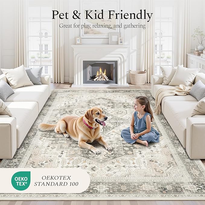 Rugflix 5x7 Area Rugs for Living Room, Machine Washable Rug Non Slip Stain Resistance, Large Rug Vintage Distressed Soft Carpet for Bedroom, Dining Room, Home Office, Beige Grey