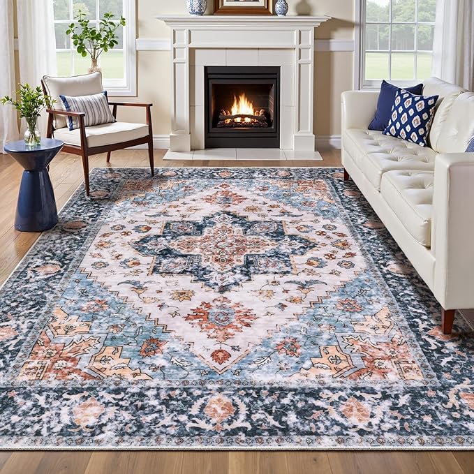SERISSA Washable Rugs 6x9 Area Rugs, Large Non-Slip Boho Living Room Blue Orange Rug, Ultra Soft Vintage Oriental Tribal Farmhouse Carpet for Dining Room Bedroom Dorm Office Home Decor