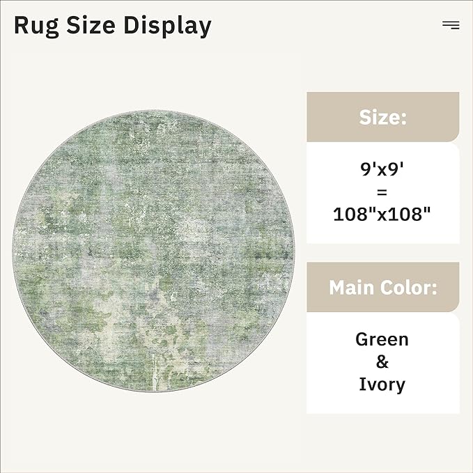 9x9 Green/Ivory Round Rug 9ft Living Room Circle Rug Vintage Round Area Rug Non Slip Indoor Carpet for Apartment
