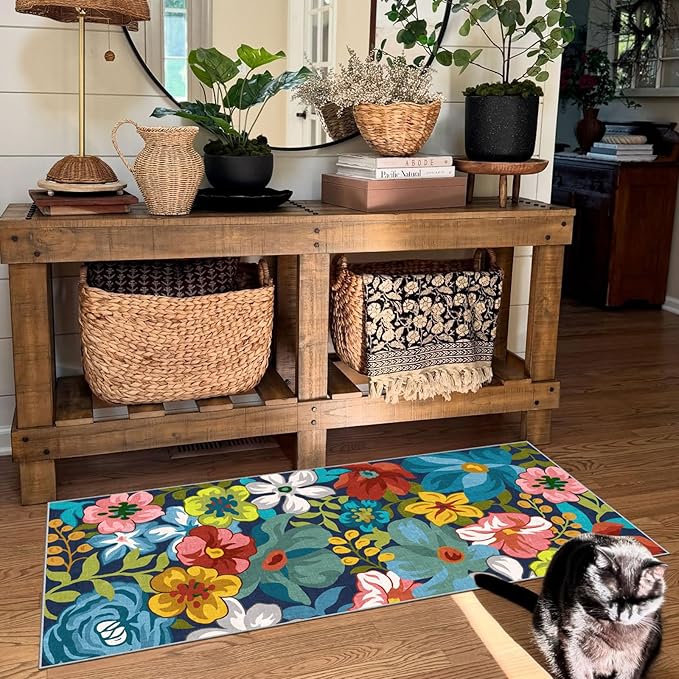 Front Door Mat Indoor Entrance - 2x4.3 Ft Floral Washable Layered Doormat Outdoor Entrance Porch Rug Non-Slip Spring Colorful Flower Runner Rug for Kitchen Bedroom Laundry Room Porch Decor