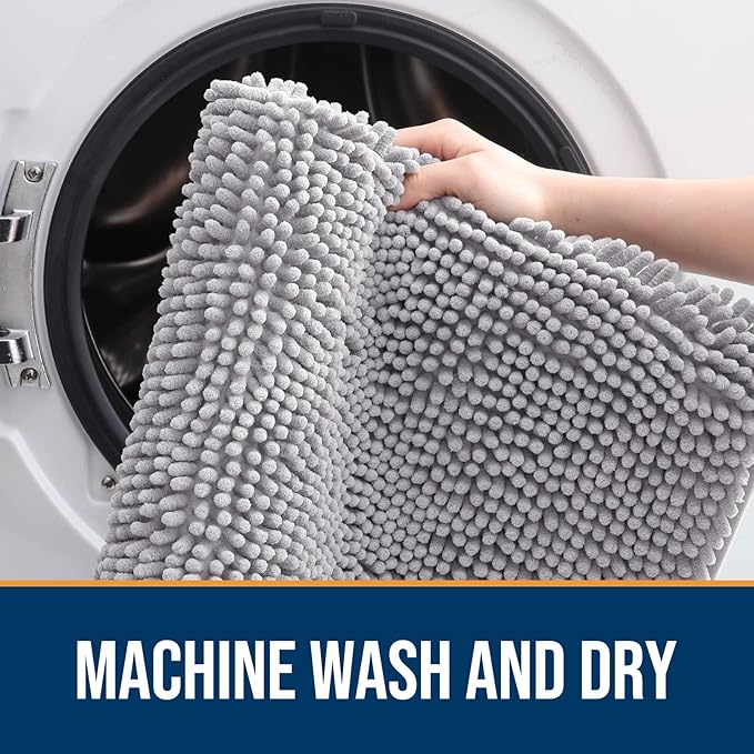 OLANLY Dog Door Mat for Muddy Paws 44x32, Absorbs Moisture and Dirt, Absorbent Non-Slip Washable Doormat, Quick Dry Chenille Mud Mat for Dogs, Entry Indoor Entryway Carpet for Inside Floor, Light Grey