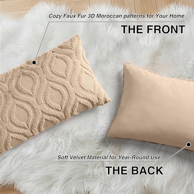 decorUhome Throw Pillow Covers 12x20 Inch Set of 2, Soft Plush Faux Wool Light Khaki Solid Couch Pillow Covers, Accent Farmhouse Neutral Rectangle Pillow Cases for Sofa Bed Living Room