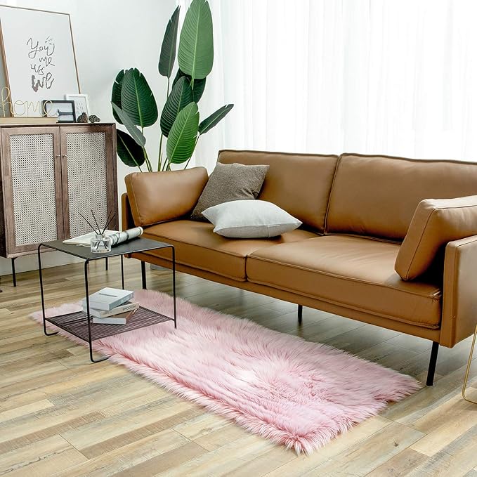 Ashler Faux Fur Rug, Fluffy Shaggy Area Rug Ultra Soft 2.2 x 6 Feet Rectangle Fur Rug, Frosted Bottom Pink Fuzzy Rug Machine Washable Shag Rug, Nursery Decor Throw Rugs for Bedroom, Living Room