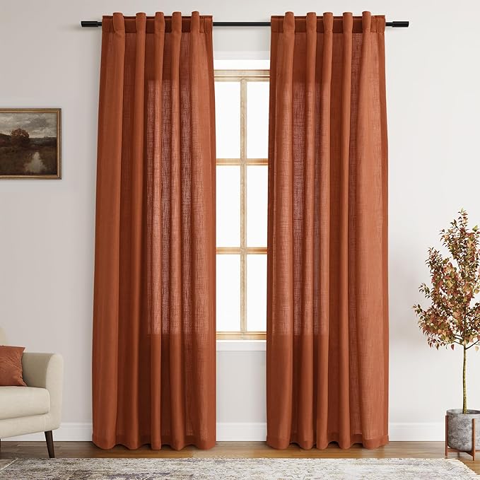 Terracotta Linen Blend Drapes 84 Inch Length 2 Panels Set Back Tab Rod Pocket Light Filtering Semi Sheer Textured Brick Burnt Orange Curtains Boho Farmhouse Decor Curtains for Living Room 40x84