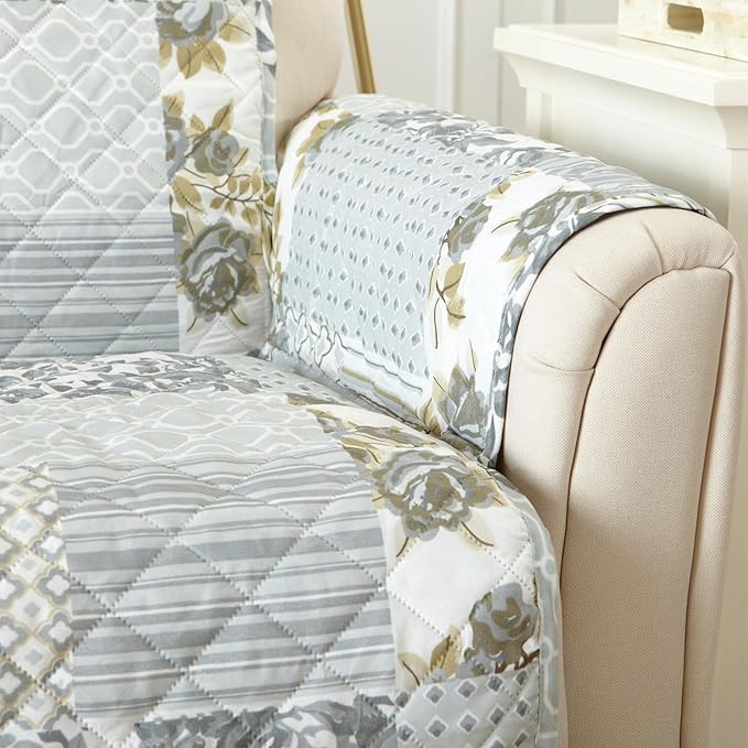 Great Bay Home Reversible Patchwork Recliner Cover - Washable Slipcover Furniture Protector with Elastic Straps - Perfect for Kids & Pets - Box-Stitched Detail (Grey)
