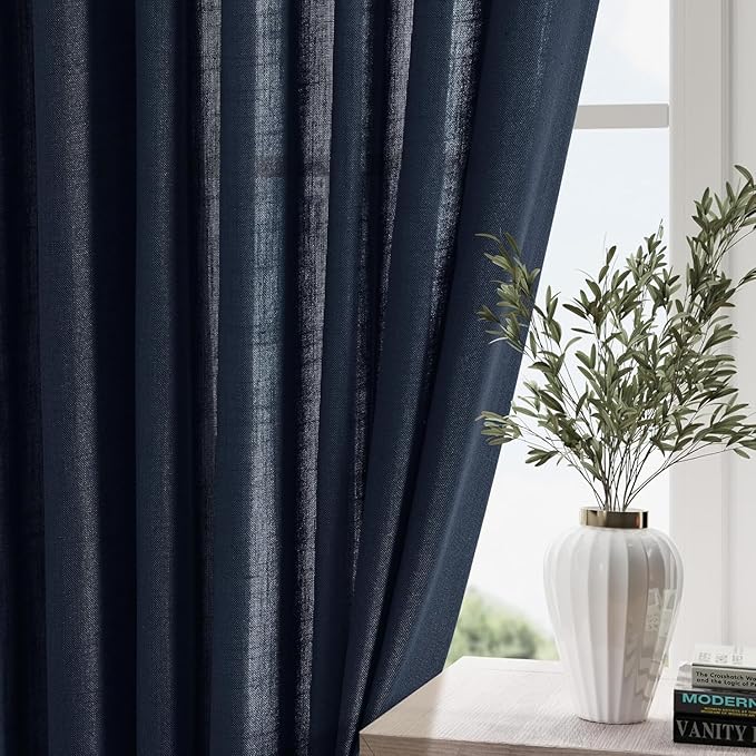 Navy Blue Linen Sheer Curtains 108 Inches Long Back Tab Rod Pocket 2 Panels Semi Sheer Extra Long Curtains Light Filtering Modern Boho Drapes for Living Room Luxury Floor Length Curtain 9Ft 40x108