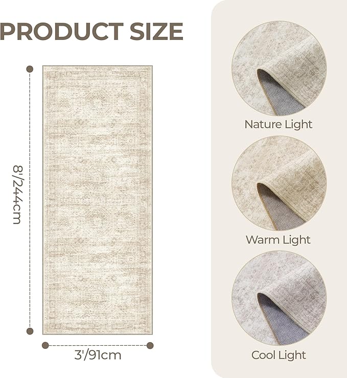 3x8 Runner Rug Non Slip Washable for Entryway, Vintage Hallway Runner for Front Porch, Laundry Room, Bedroom, Abstract Stain Resistant Thin Indoor Kitchen Mats for Floor(3'x8', Beige/Ivory)