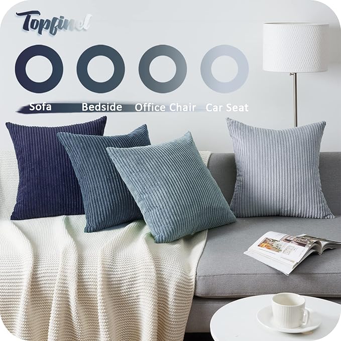 Topfinel Navy Blue Euro Shams Decorative Throw Pillow Covers 26x26 Inch Set of 4,Soft Corduroy Striped Gradient Color Large Cushion Cover for Beach,Patio,Balcony,Living Room,Summer Home Decor