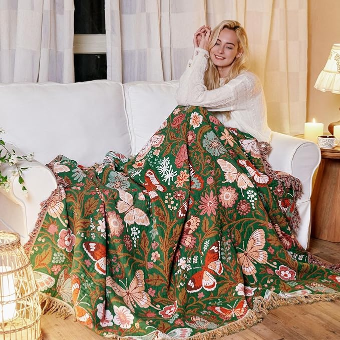 MSGKV Boho Throw Blanket for Bed 60"x80" Butterfly Floral 100% Cotton Couch Blanket Spring Breathable Lightweight Farmhouse Twin Size Blankets for Sofa Home Decor Muslin All Seasons