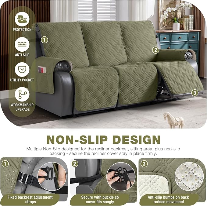 TAOCOCO 100% Waterproof Recliner Sofa Cover, Non Slip Split Couch Covers for Reclining Couches with Straps, Washable Reclining Sofa Cover Furniture Protector for Kids Pets(3 Seater, Green)