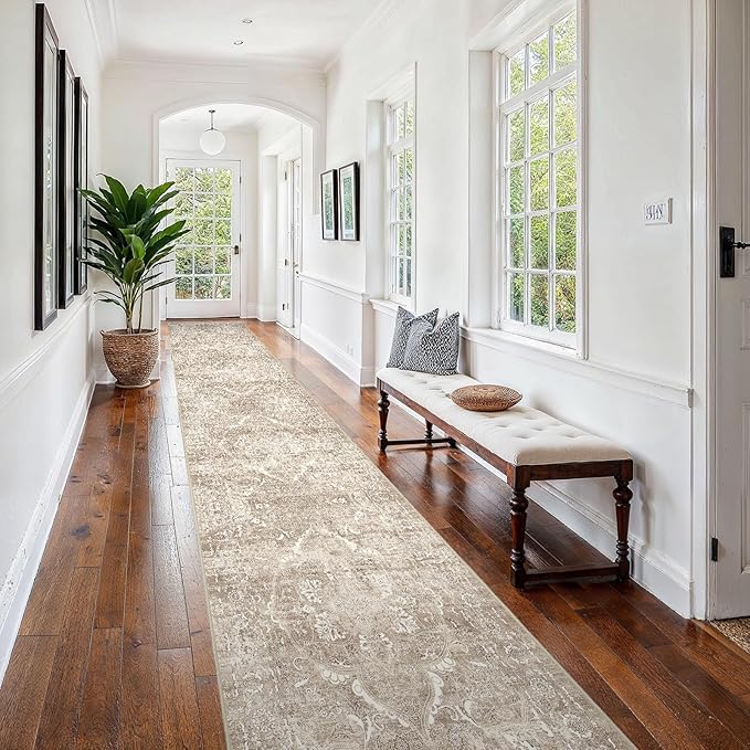 2'6"x16' Washable Hallway Runner Rug - Non Slip Kitchen Runner Rugs with Rubber Backing Vintage Low-Pile Carpet Runners for Entryway Dining Room Laundry Room Home Decor (Beige)