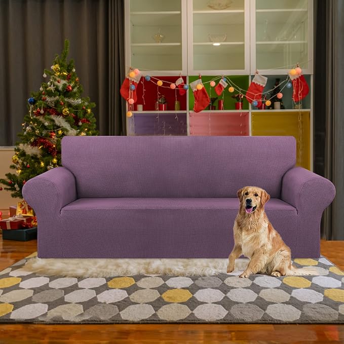 KEKUOU Stretch Sofa Cover Slipcover ，Couch Covers for 3 Cushion Couch Sofa pet Friendly (78"-94") Furniture Protector Sofa with Elastic Bottom for Kids,Dog, Jacquard Small Checked(Large,Dark Purple)