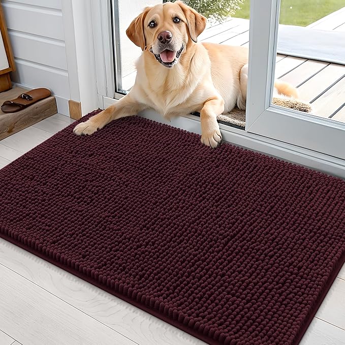 OLANLY Dog Door Mat for Muddy Paws 35x24, Absorbs Moisture and Dirt, Absorbent Non-Slip Washable Doormat, Quick Dry Chenille Mud Mat for Dogs, Entry Indoor Entryway Carpet for Inside Floor, Russet