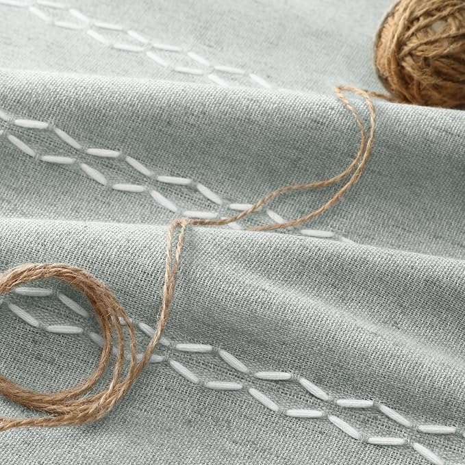 Teal Boho Blackout Curtains 2 Panels 84 Inch for Living Room Bedroom, Light Green Linen Texture Farmhouse Curtains with Tassels and White Cotton Embroidery Vintage Rustic Country Western