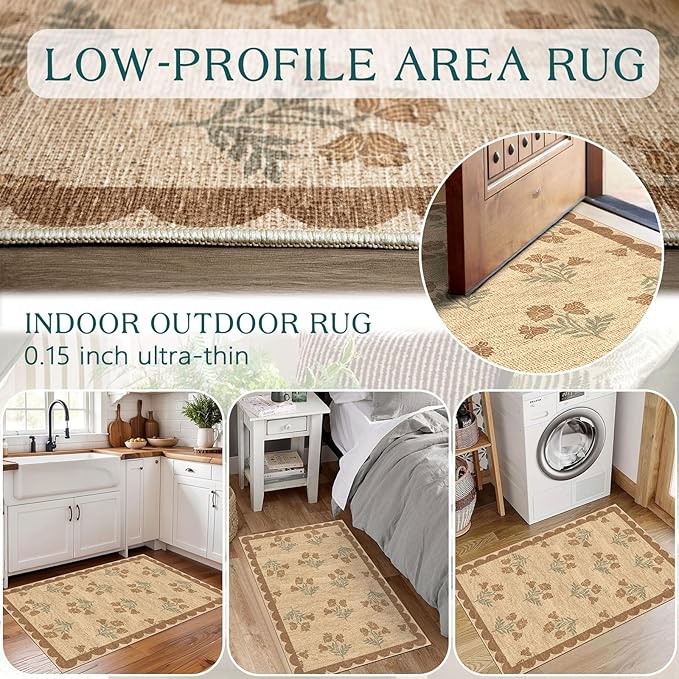 Front Door Mat Outside Entrance - 2x3 Floral Non-Slip Washable Doormat Indoor Outdoor Mat Jute-Look Farmhouse Tan Scalloped Entry Rug Small Throw Rugs for Entryway Kitchen Front Porch Decor