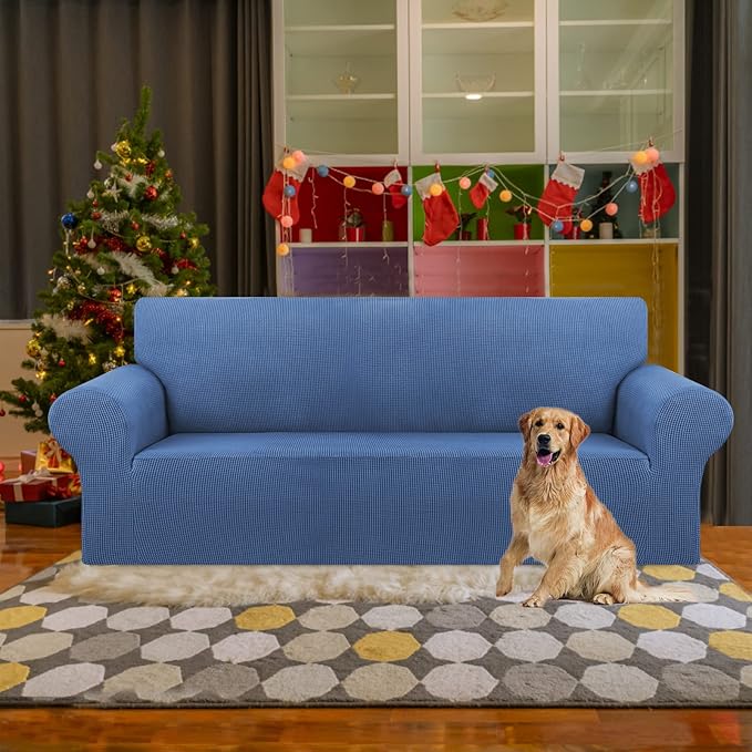 KEKUOU Stretch Sofa Cover Slipcover ，Couch Covers for 3 Cushion Couch Sofa pet Friendly (78"-94") Furniture Protector Sofa with Elastic Bottom for Kids,Dog, Jacquard Small Checked(Large,Riverside)