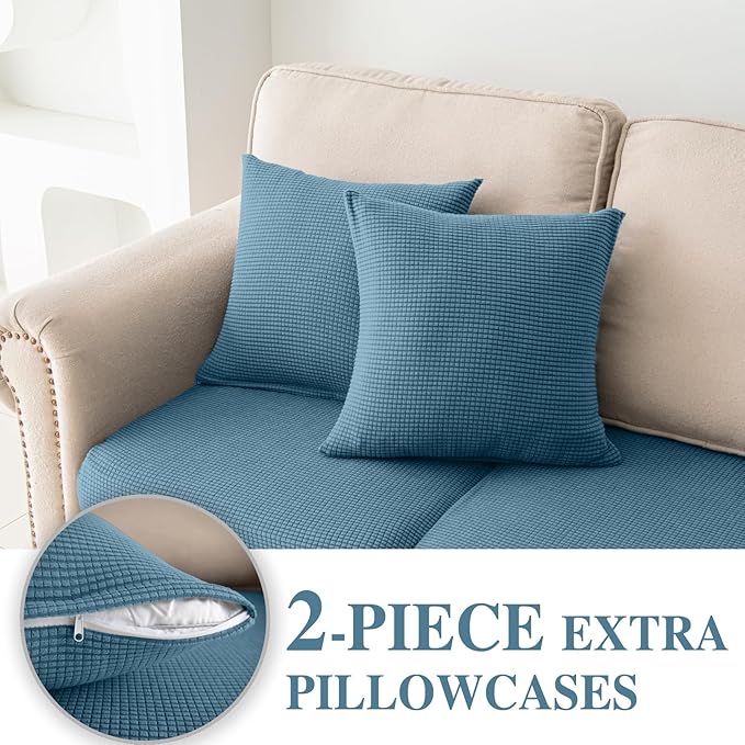 Couch Cushion Covers for Sectional Sofa L Shape Washable Separate Seat Chaise Couch Cover Stretch Sofa Slipcovers with 2 Pcs Pillowcases(3 Seater + 1 Chaise, Blue)