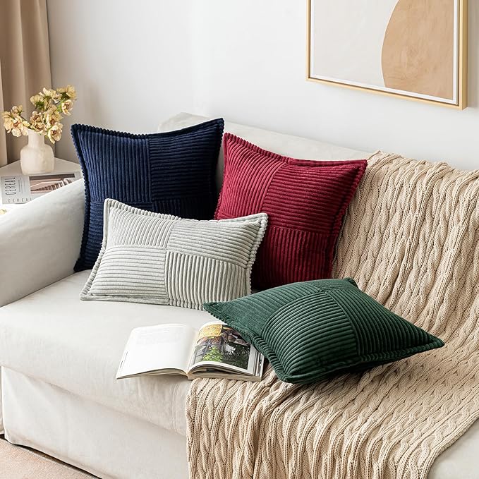 MIULEE Decorative Throw Pillow Covers for Couch Bed Livingroom 20x20 Inch Set of 2 Dark Green Boho Accent Throw Pllows Broadside Striped Patchwork Soft Corduroy Pillowcases