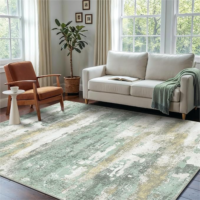 BEIMO 3x5 Rugs for Entryway Entrance Kitchen, Machine Washable Modern Abstract Soft Area Rug, Low Pile Indoor Floor Carpet with Non Slip Backing, Light Green/Cream