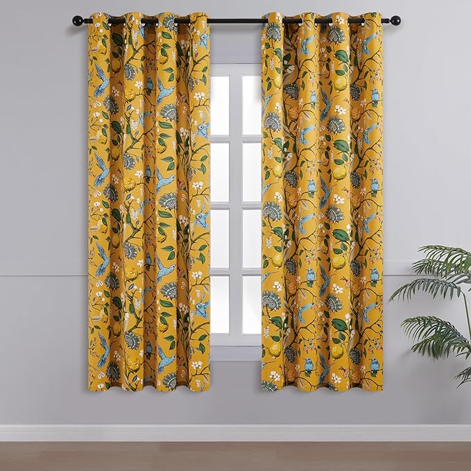 Topfinel 48 Inches Long Short Mustard Yellow Blackout Curtains for Cafe Kitchen, Grommet Room Darkening Luxury Floral Lemon Hummingbird Patterned Waverly Colorful Drapes for Living Room Bedroom