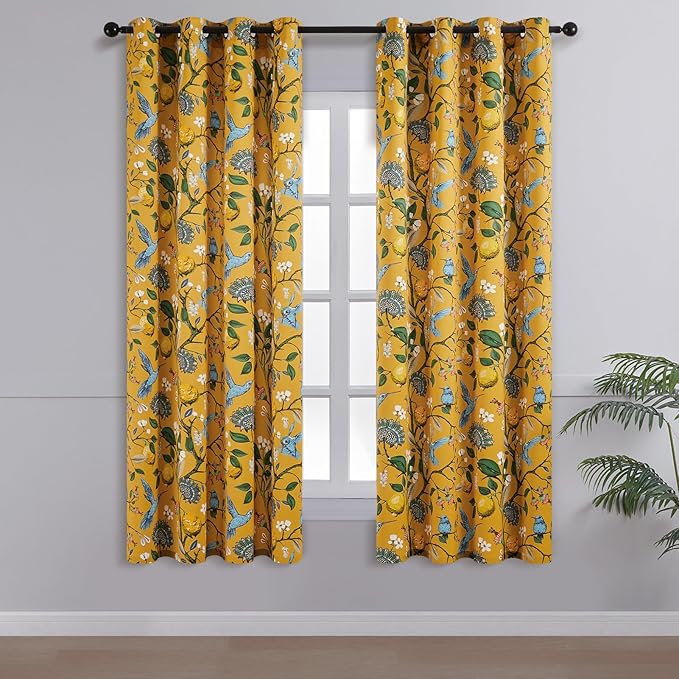 Topfinel Kitchen Curtains 45 Inch Length Mustard Yellow Vintage Blackout Curtains for Cafe Kitchen, Short Grommet Luxury Whimsical Floral Hummingbird Patterned 45 Inches Long for Living Room Bedroom