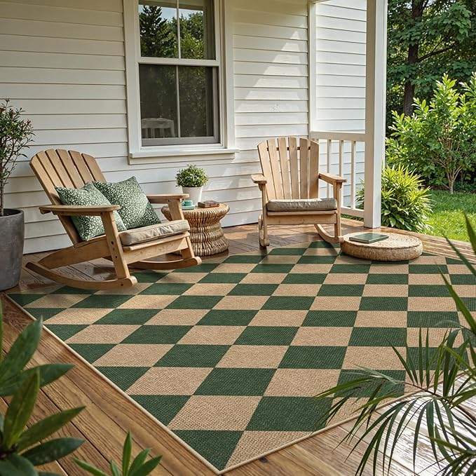 Lahome Colette Checkered Outdoor Rug 5x7, Washable Rug for Living Room Office Indoor Outdoor Carpet, Farmhouse Non Slip Non Shedding Green Carpet for Dining Room Sunroom Patio Courtyard