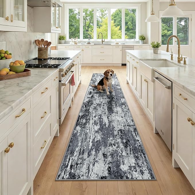 Washable Area Rugs 2x9 Non-Slip Modern Abstract Soft for Living Room Entryway Bedroom Nursery, Print Pattern, Black Navy Blue Gray