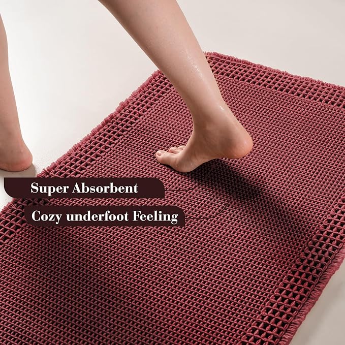 RESARE Waffle Bathroom Runner Rugs, Super Absorbent Bath Mat Non Slip Washable Quick Dry, Upgraded Ultra Soft Boho Bath Rugs with Tassels for Hallway Bedroom Laundry Room, 2'x6'(24"x72") Dark Red