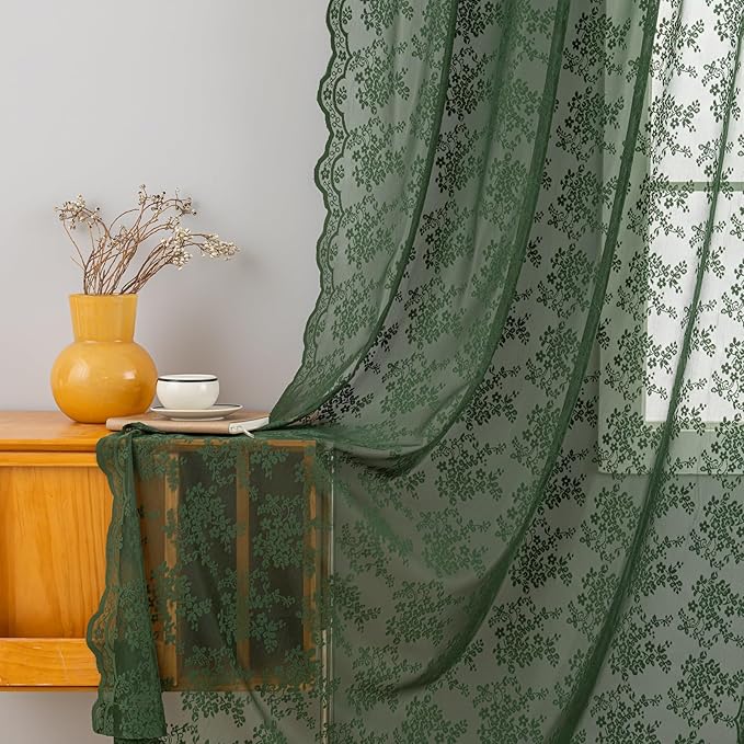 YJ YANJUN Vintage Lace Curtains 63 Inch Length-Victorian Floral Dark Olive Green Sheer Curtains 1 Pair Transparent Voile for Bedroom Kitchen Sunroom Bohemian Christmas Decor Rod Pocket W52 x L63