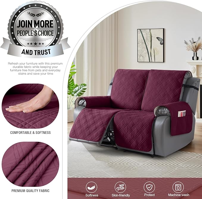 TAOCOCO 100% Waterproof Recliner Loveseat Cover Non Slip Couch Cover for 2 Seat Reclining Sofa, Split Reclining Loveseat Covers 2-Piece with Straps for Kids Pets(2 Seater, Wine)