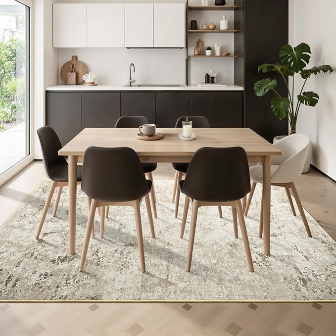 Toneed Abstract Area Rug Modern Washable Rug Soft Non Slip Rug Low Pile for Bedroom Living Room Dining Room Beige 6x9 Feet