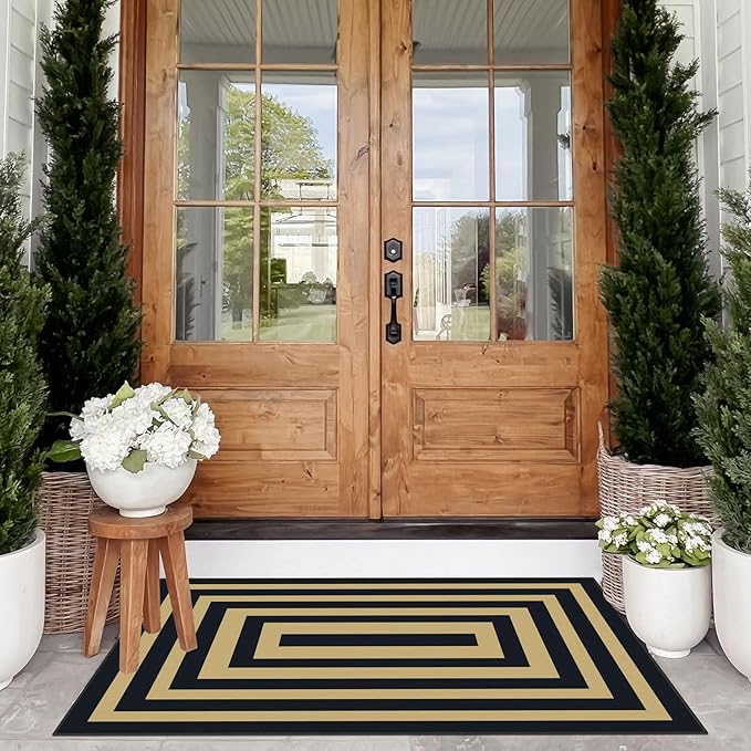 Modern Outdoor Rug - 28" x 43" Front Door Mat Indoor Outside Entrance Non-Slip Washable Outdoor Mat Black Tan Geometric Rug for Entryway Kitchen Bedroom Layered Doormat for Front Porch
