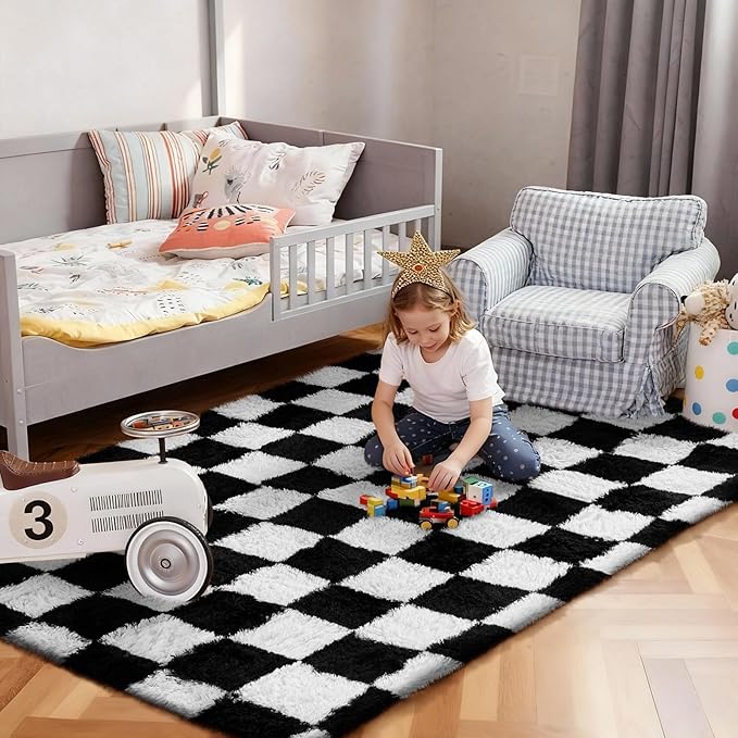 Ophanie Checkered Black & White Rug for Living Room Bedroom, Fluffy Soft Cute Fuzzy Area Rugs, Shag Plush Shaggy Bedside Floor 4x6 Furry Carpet for Kids Baby Teen Dorm Nursery Home Decor Aesthetic