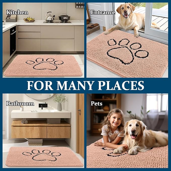 OLANLY Dog Door Mat for Muddy Paws 30x20, Paw Print Design, Absorbs Moisture and Dirt, Absorbent Non-Slip Washable Doormat, Quick Dry Chenille Mud Mat for Dogs, Entry Indoor Entryway Carpet, Peach