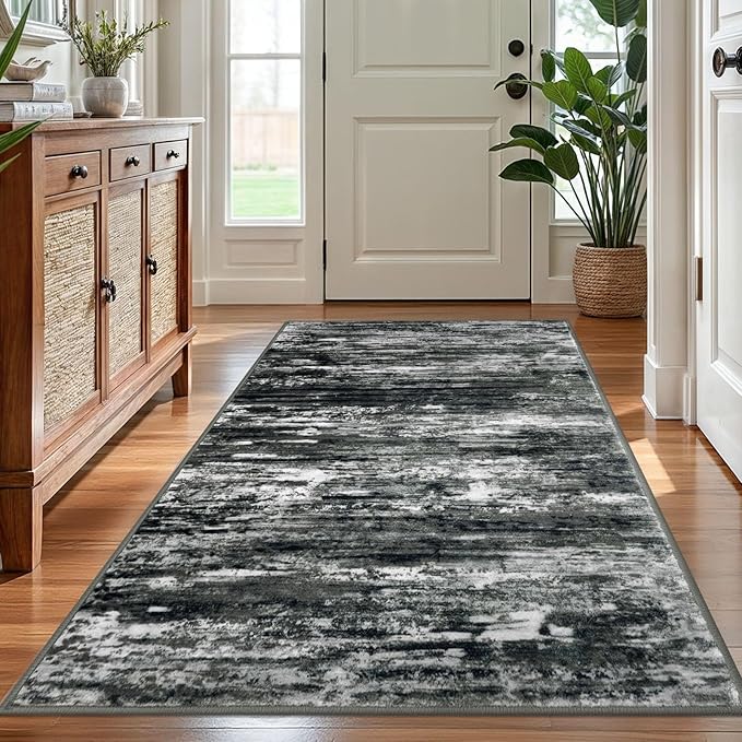 KOZYFLModern Abstract 4x6 Ft Washable Large Rugs for Entryway Non-Slip Soft Living Room Rug, Print Black Grey Throw Rugs Indoor Mat for High-Traffic Door Entrance, Laundry, Nursery, Bedroom