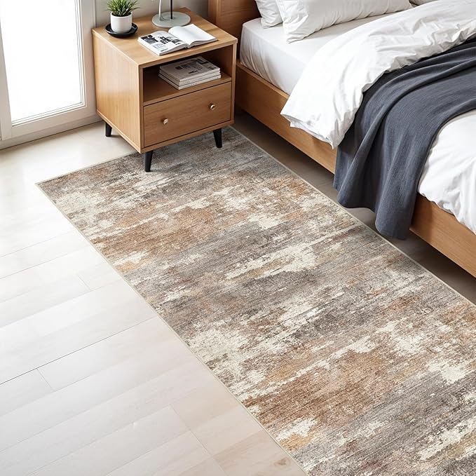 3x7 Washable Kitchen Runner Rug: Modern Abstract Runners for Hallway Soft Non Slip Rugs with Rubber Backing Low Pile Thin Floor Carpet for Entryway Bedroom Bathroom Bedside Indoor(Brown/Brick,3x7)