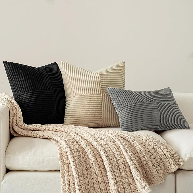 MIULEE Black Decorative Lumbar Throw Pillow Covers 14x22 Inch for Couch Bed Sofa Pack of 2 Boho Farmhouse Throw Pillows Soft Cross Corduroy Patchwork Textured Cushion Cases